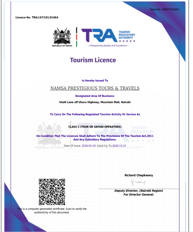 NAMSA Prestigious Tours TRA Tourism Licence
